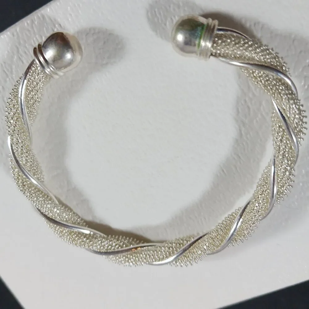 Vintage Silver Tone Twisted Mesh and Wire Cuff Bracelet